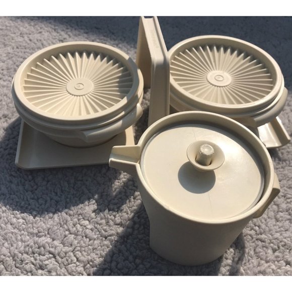 Vtg 80s Tupperware Condiment Servalier Caddy Bowls Lids Storage Pitcher HTF Set - Picture 1 of 15